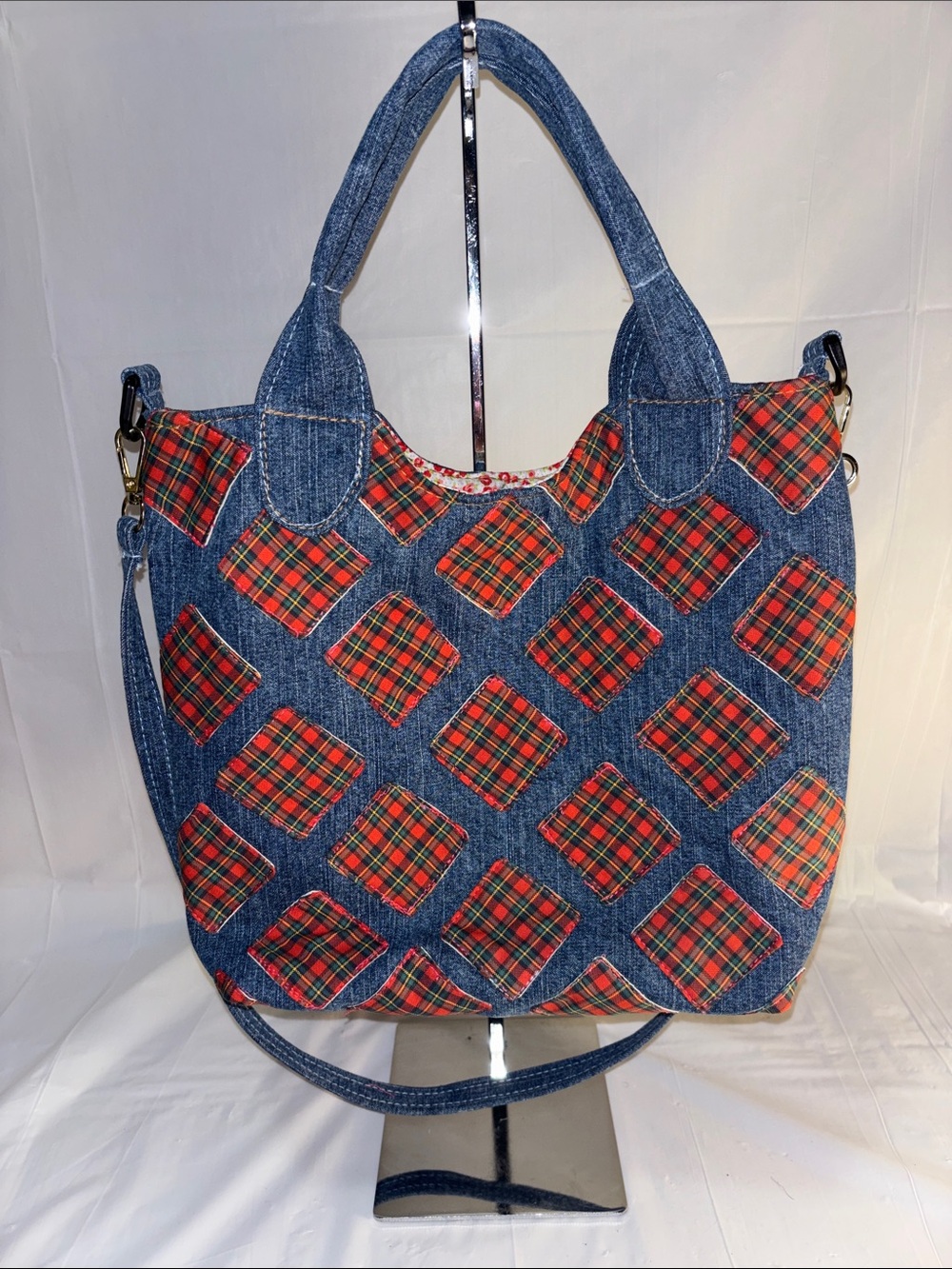 Denim Tote with Red Plaid Diamond Appliqués - Reversible Women's Shoulder Bag